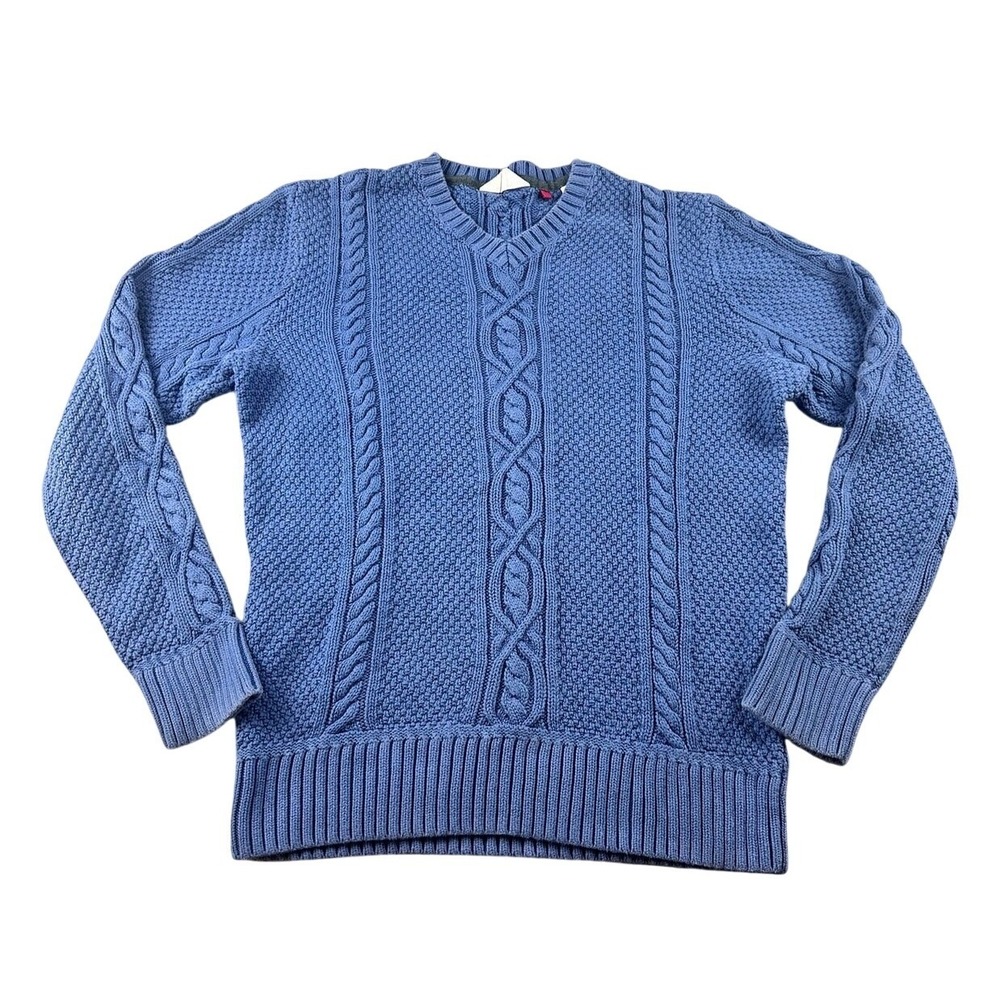 Hudson North Sweater Men S Blue Cable Knit Solid Cotton V-Neck Preppy Nautical